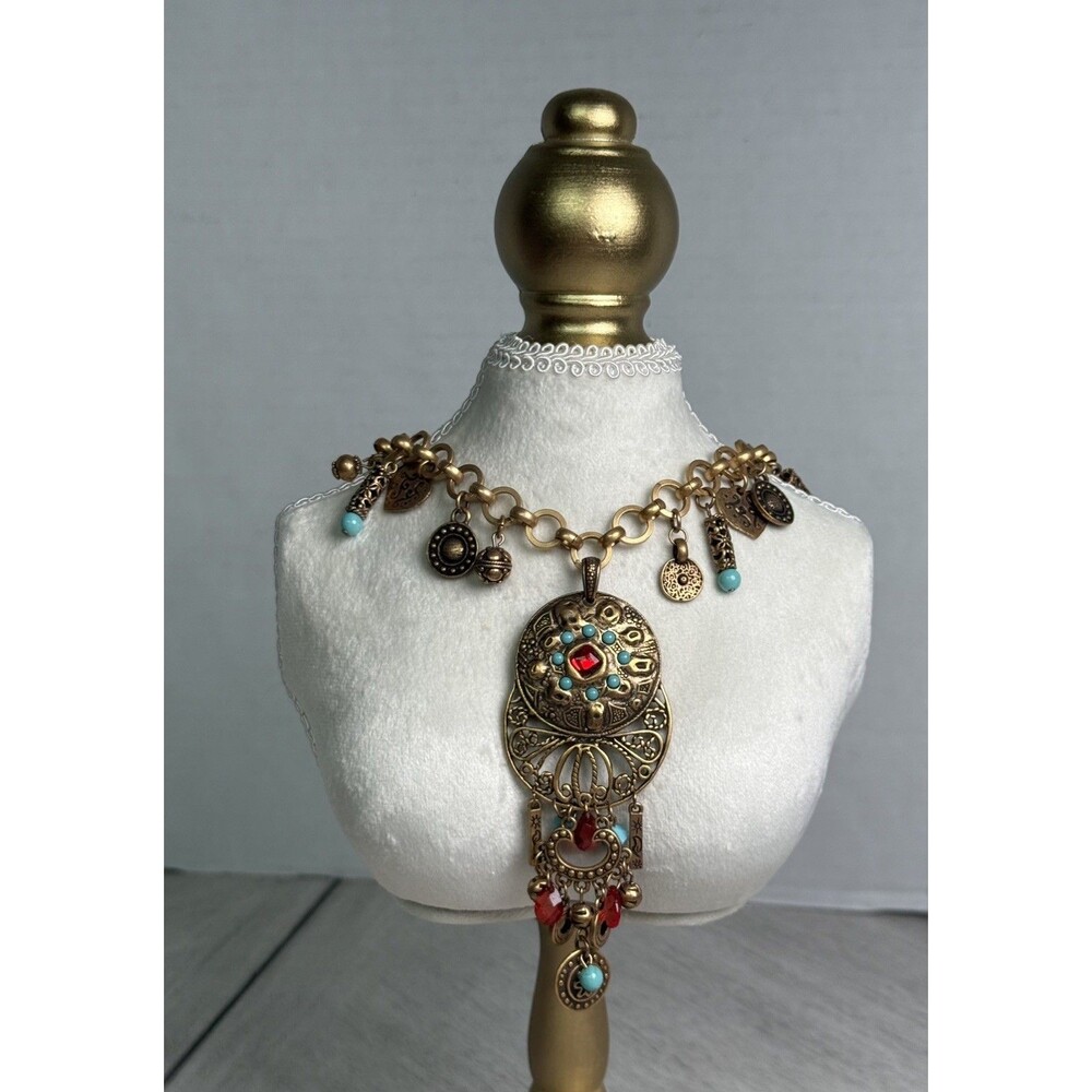Chico's Bohemian Middle Eastern Medallion Charm Pendant Necklace Red Blue Gold